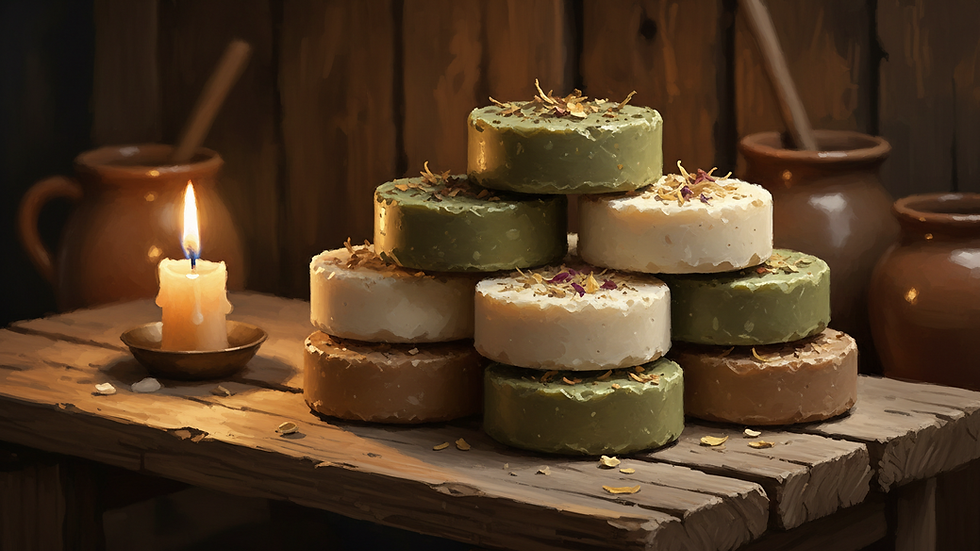 Close-up view of natural shampoo bars stacked on a wooden surface