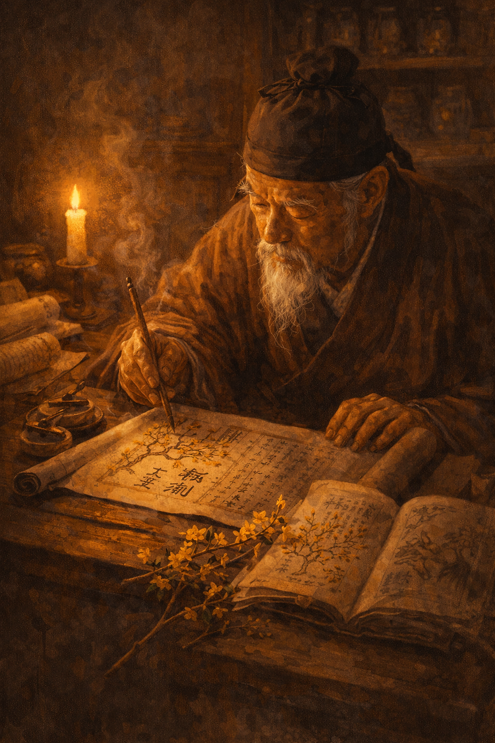 Elderly man writing calligraphy by candlelight in a warmly lit room. Books and scrolls surround him. Calm and focused mood.