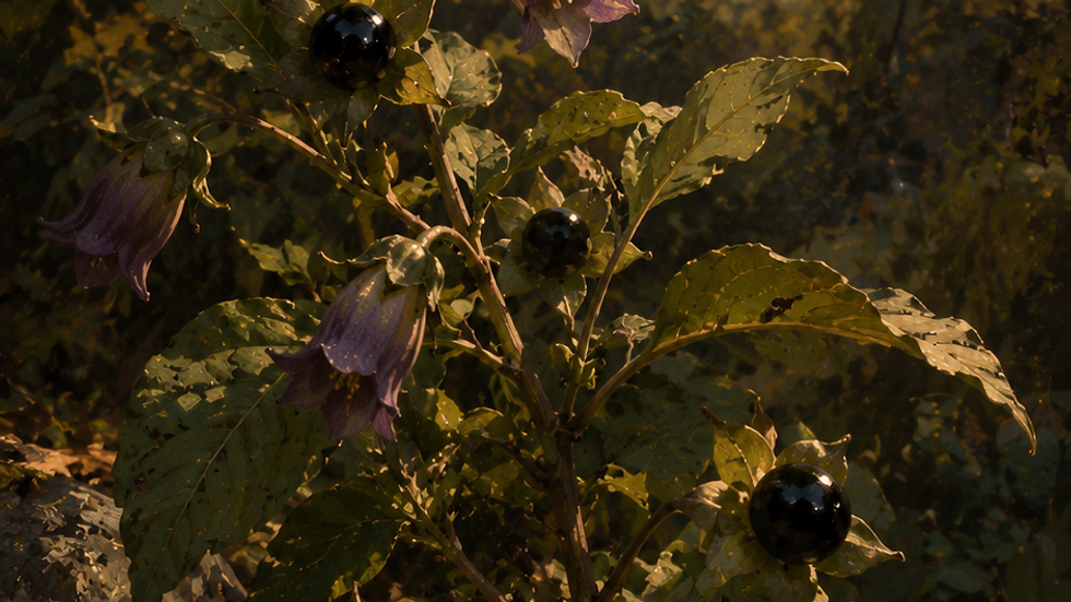 Purple bell flowers and black berries on a leafy belladonna plant at sunset, with a distant castle on a hill in a golden forested valley