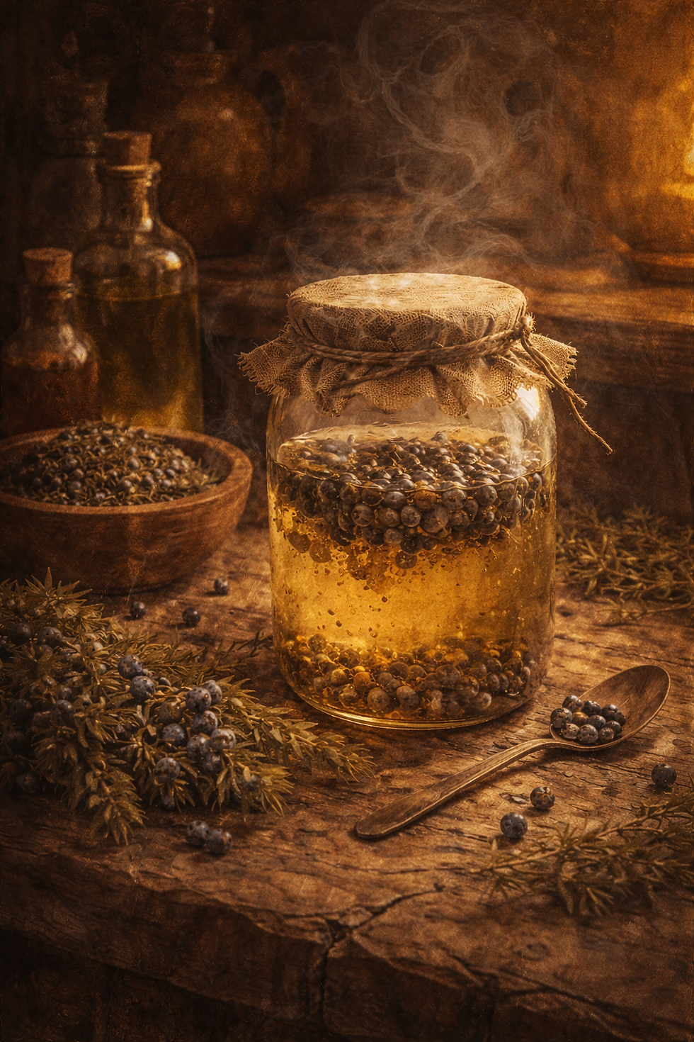 A jar of berries in amber liquid on a rustic wooden table, surrounded by additional berries, herbs, and bottles, with a warm, earthy ambiance.