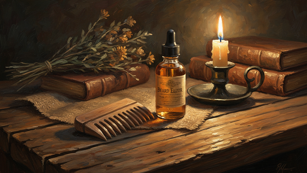 Eye-level view of wooden comb and bottle of beard oil on rustic table