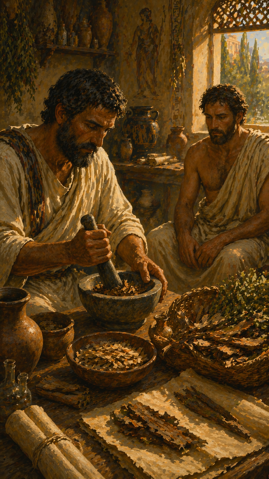 Two men in ancient attire; one grinds herbs with a mortar in a rustic room. Sunlit window, scrolls, clay pots, and greenery decorate the scene.