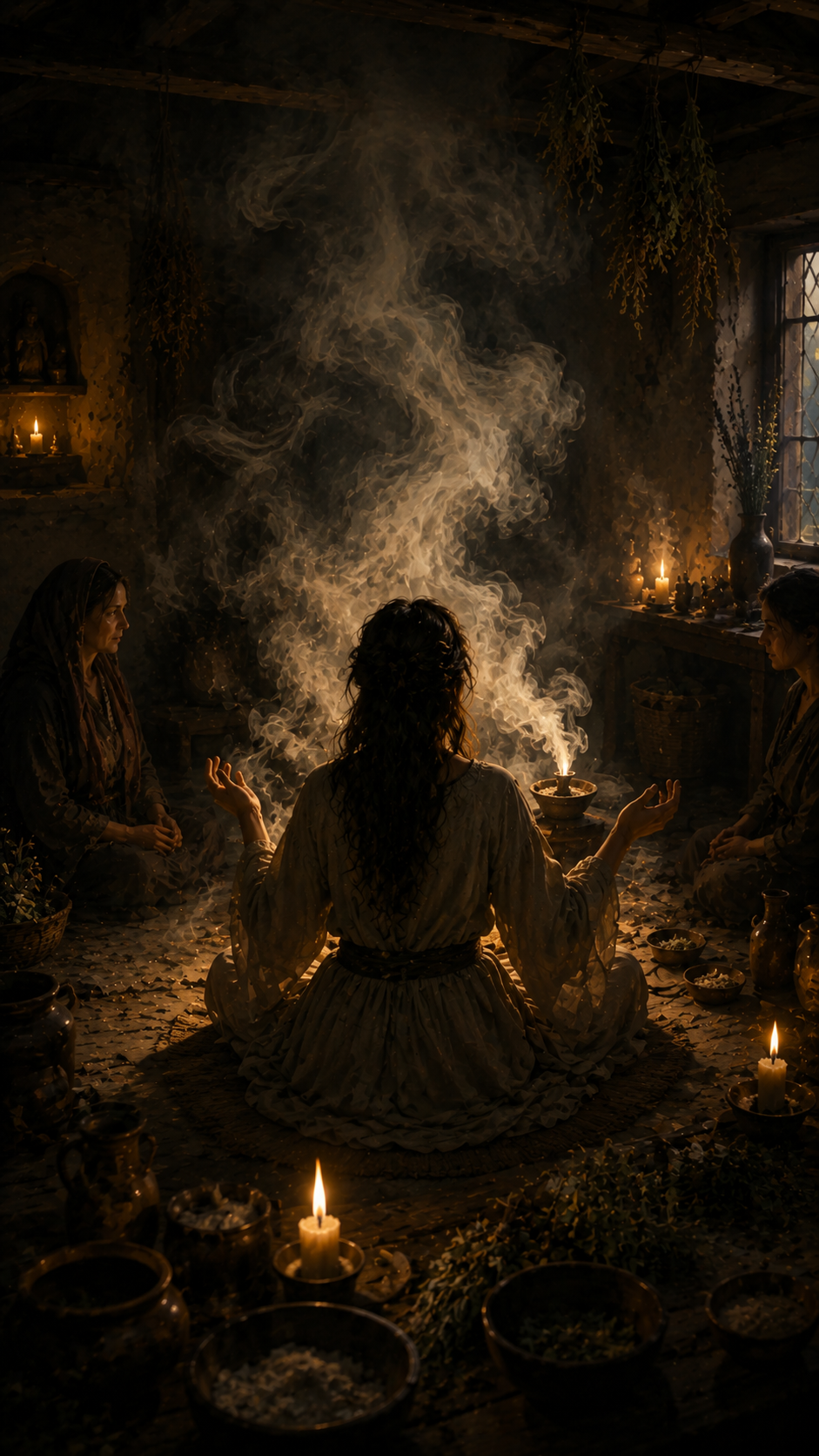 Three women in a candlelit, smoky room sit in ritual meditation around a smoking bowl, with herbs, jars, and dark windows.