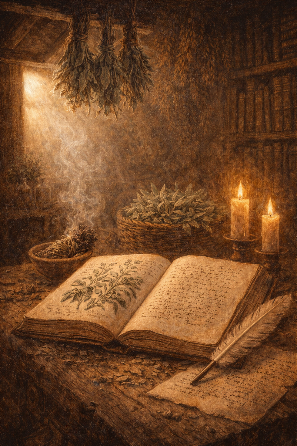 Open book with herb illustrations and text on a rustic table. Candles burn beside it, with hanging herbs above and baskets nearby. Warm, cozy ambiance.