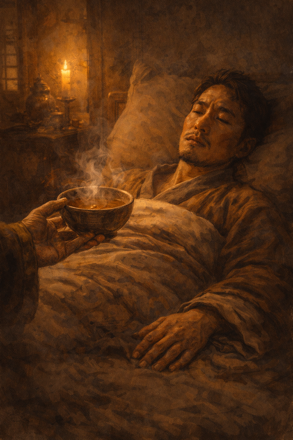 A resting person in bed receives a steaming bowl. Warm candlelight fills the room, creating a comforting atmosphere.