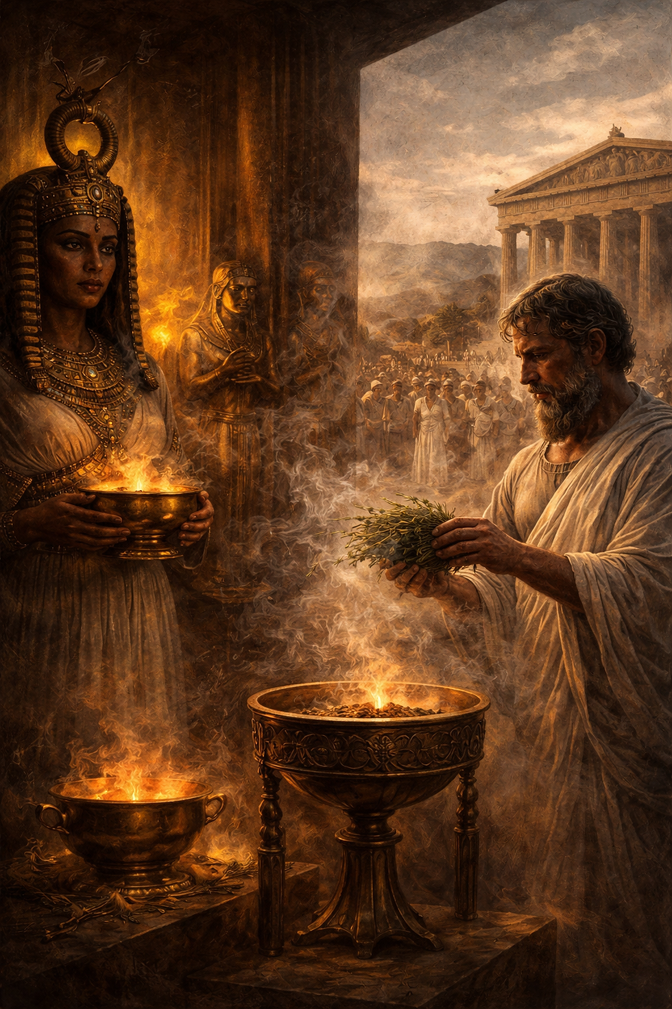 Ancient ritual scene; woman in ornate attire holds a burning bowl. A bearded man beside her holds greenery over a flame. Temple in background.