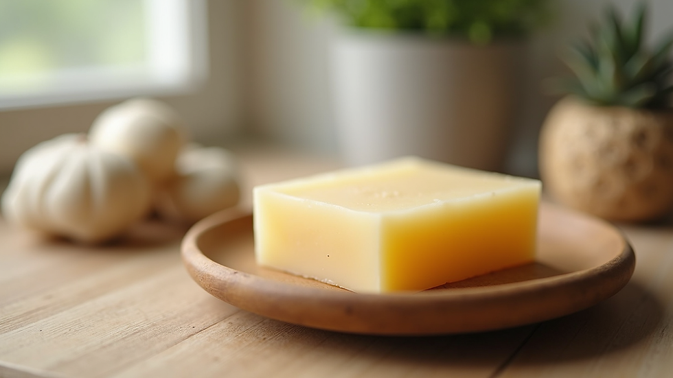 Close-up view of eco-friendly kitchen soap bar on wooden dish