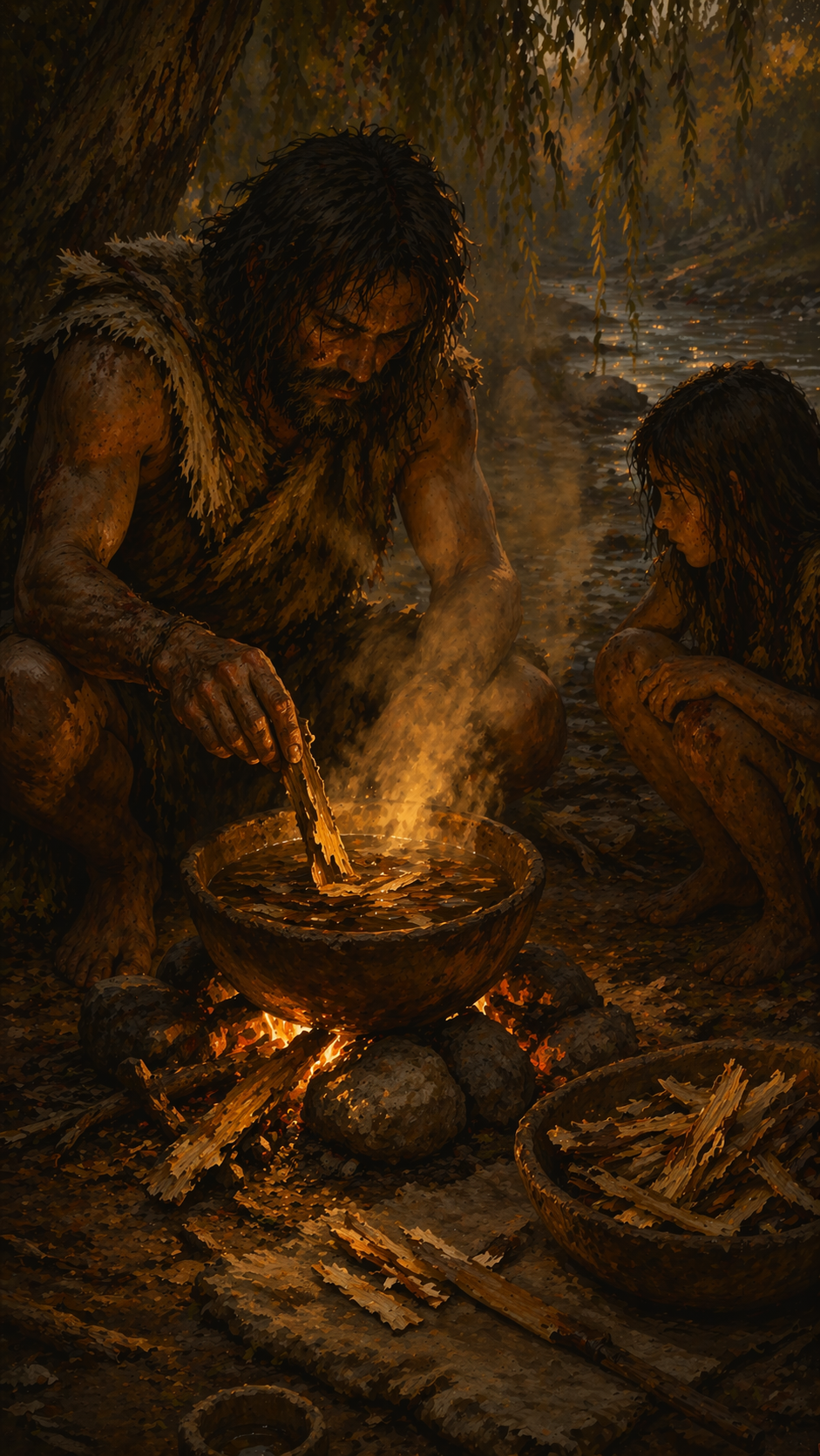 Two people in fur clothing tend a fire under a tree, with one stirring a pot. Warm, earthy colors create an ancient, rustic mood.