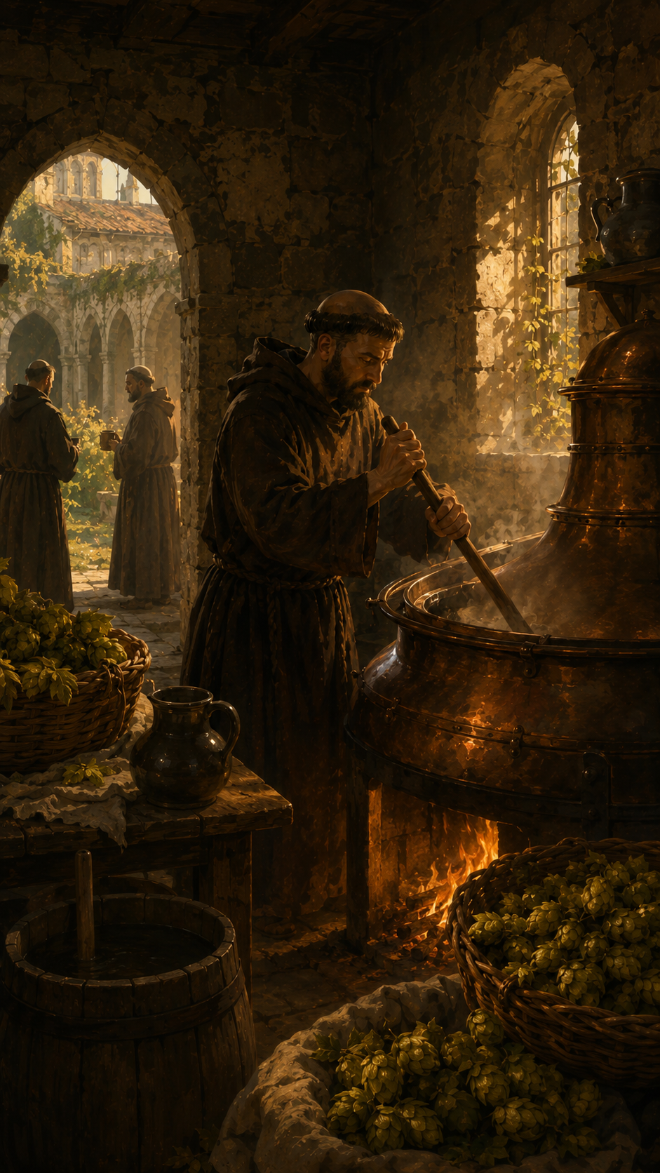 Monk stirring a large brewing kettle in a rustic stone room with arches. Baskets of hops and a jug nearby. Warm, earthy tones and sunlight.