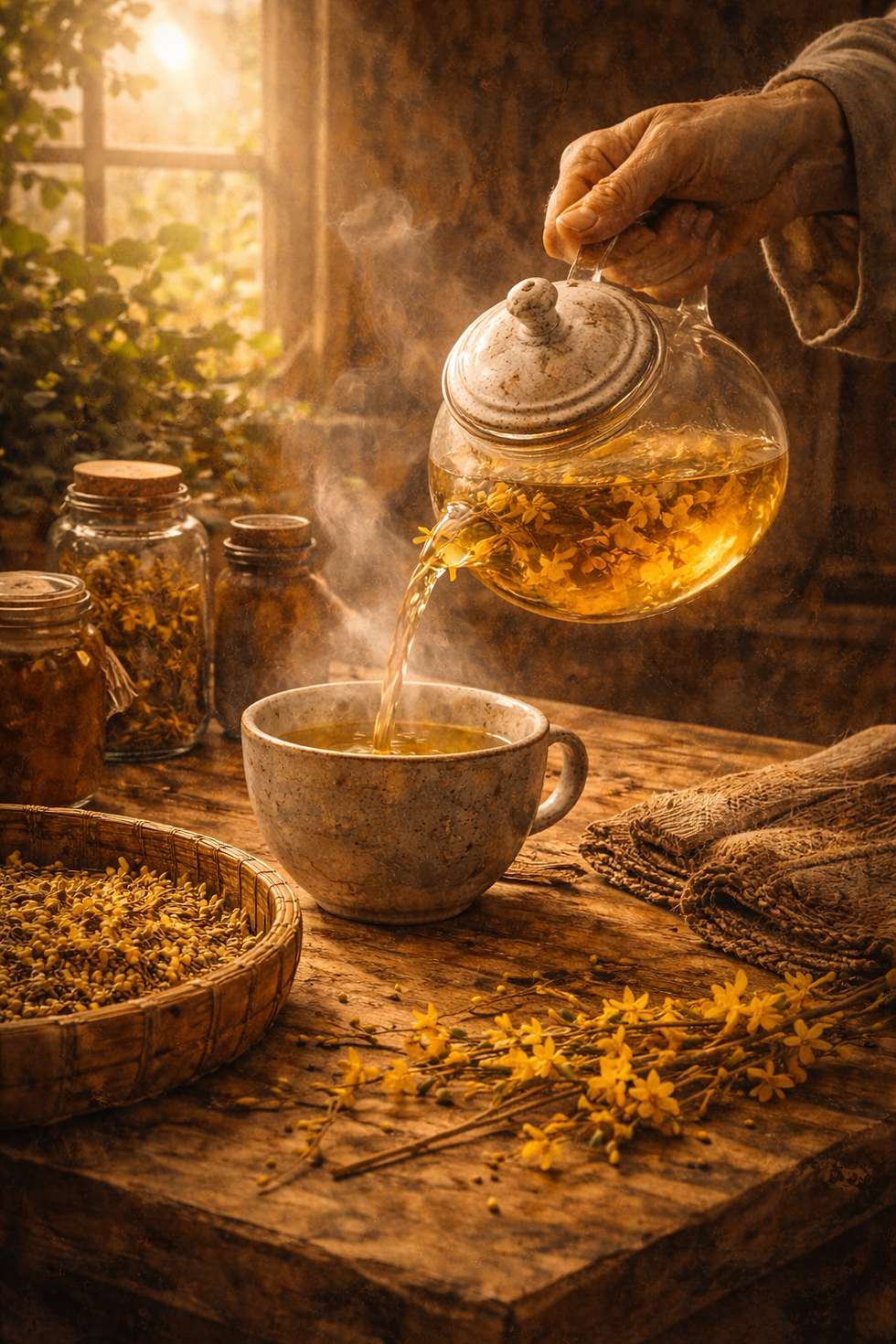 A hand pours steaming herbal tea into a cup on a rustic table with jars and yellow flowers. Warm sunlight filters through a window.