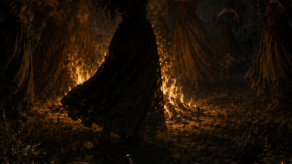 Moonlit witch ritual in a forest, women in dark dresses raise their hands around a bonfire; castle glows on a distant hill.