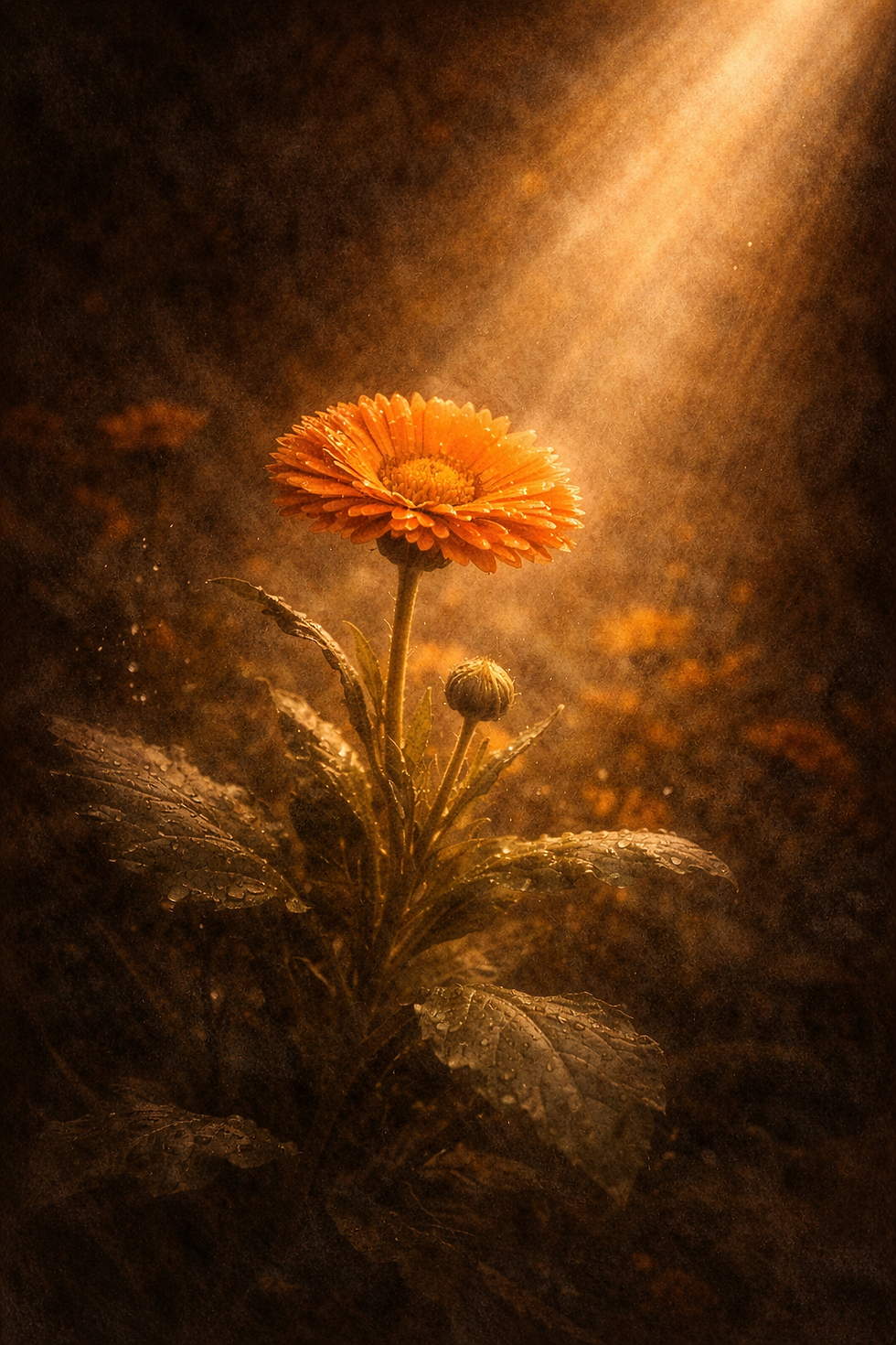Orange flower in sunlight with dew-covered leaves, set against a dark, blurred background, creating a warm, serene mood.