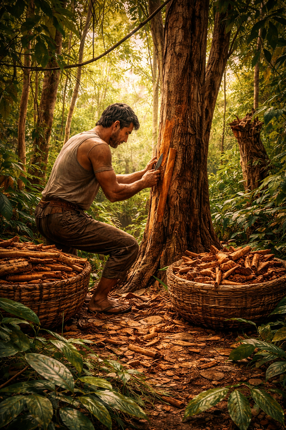 Man harvesting tree bark with a knife in a lush forest, surrounded by two baskets full of bark. Warm, earthy colors.