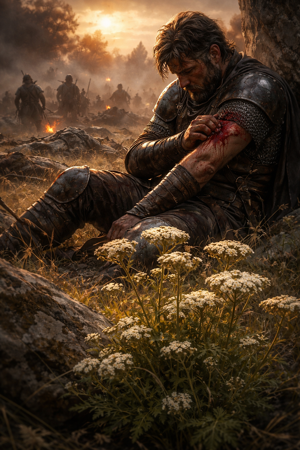 A weary knight with a bleeding arm rests against a rock at sunset. Battle rages in the background. White flowers in the foreground.
