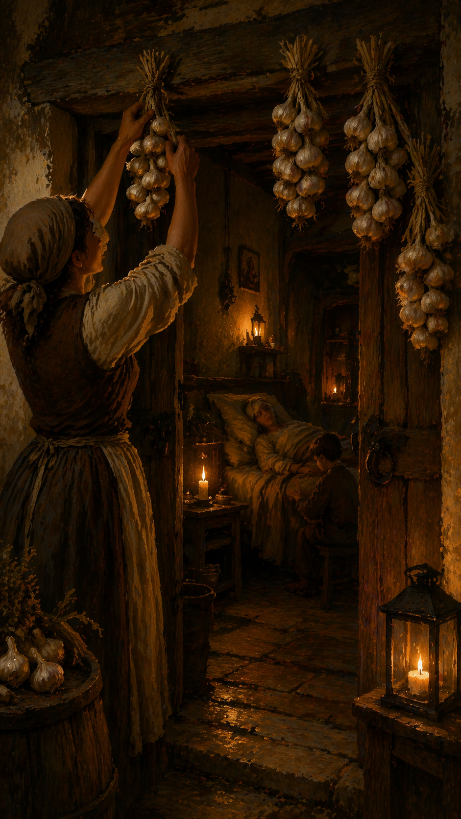 Woman hangs garlic in a dim room with a candlelit scene; a child sits by a bed where a person rests. Warm, rustic atmosphere.