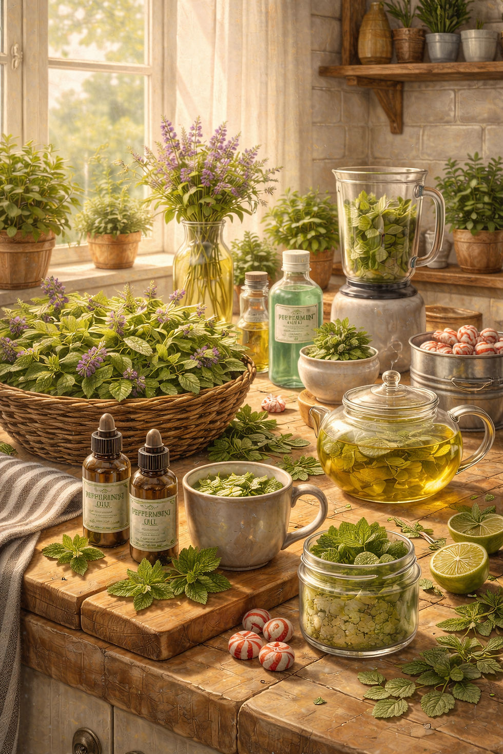 Herb-filled kitchen with potted plants, blender, bottles labeled "Peppermint Oil," teapot, and cups. Sunlit window view, serene mood.