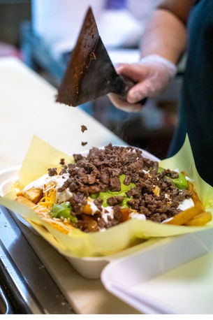 Delicious loaded fries, topped with meat and salsa