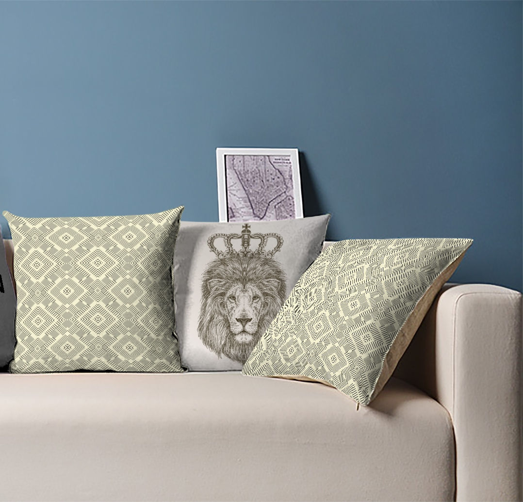 ASLAN DİJİTAL BASKILI 3'LÜ KOMBİN DEKORATİF YASTIK KIRLENT KILIFI