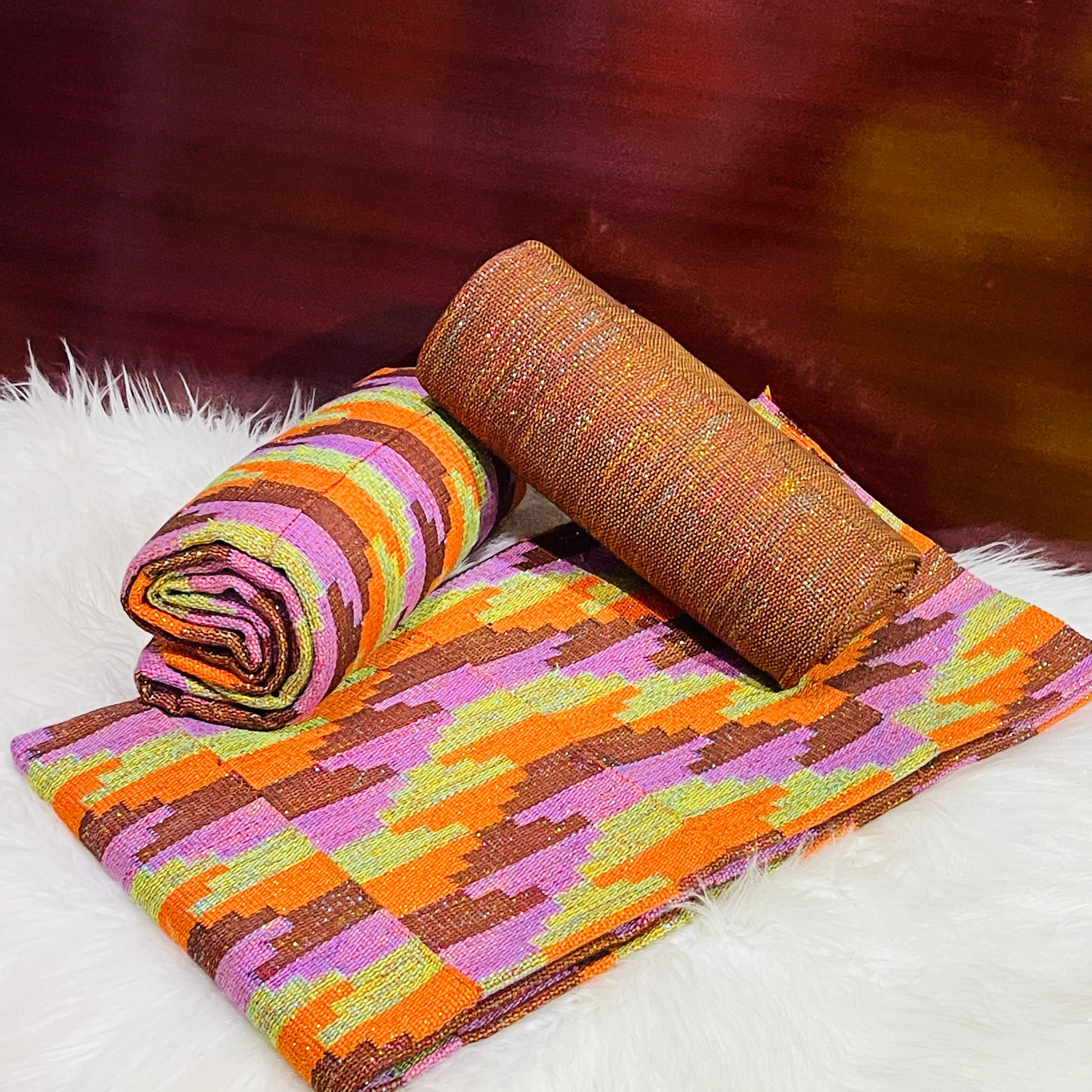 6 Yards Brown, Lavender, Orange, Cream Women Kente Fabric