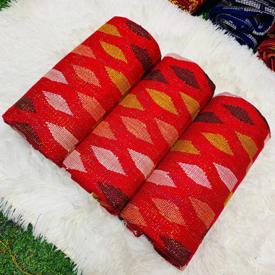 6 Yards Red, Peach, Gold kente Fabric For Women