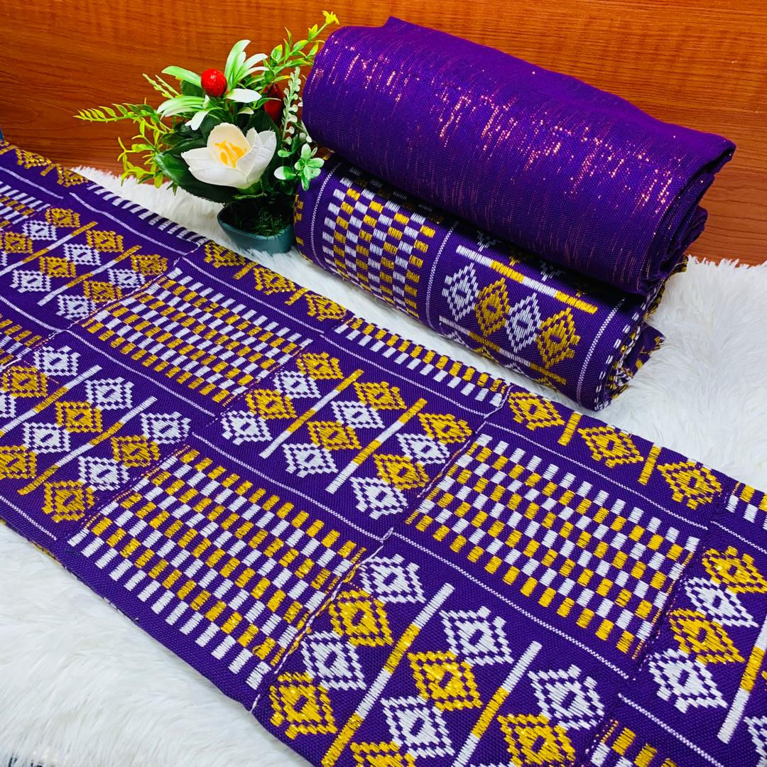 6 Yards Violet And Gold kente Fabric For Women- Multicolored