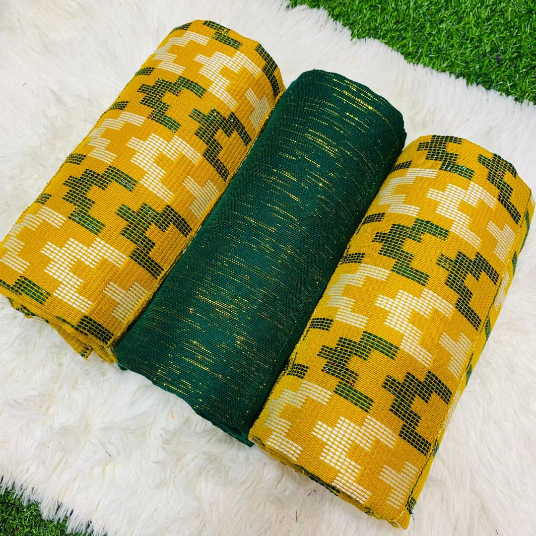 6 Yards Emerald Green, Cream And Gold Women kente Fabric
