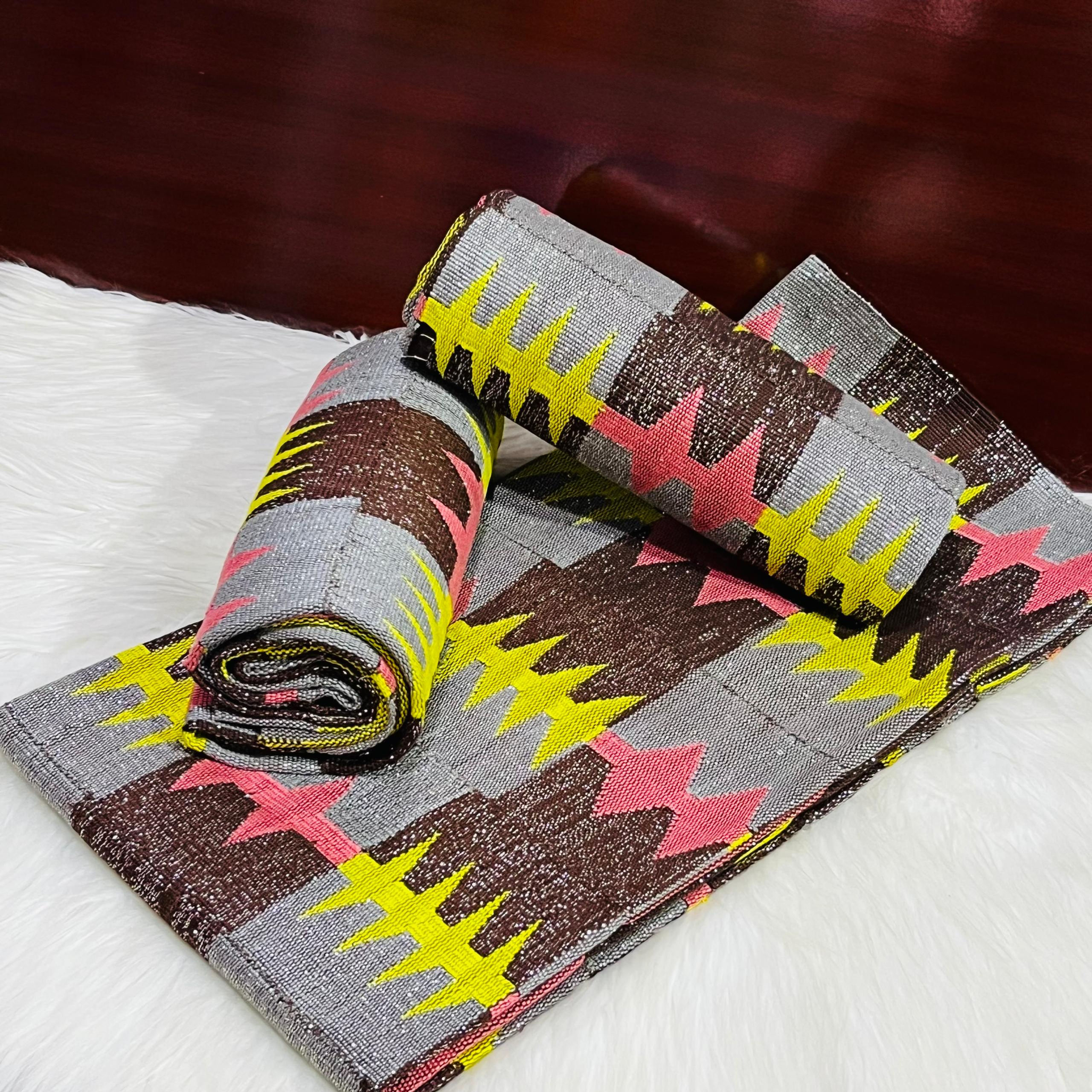 6 Yards Ash, Coffee, Peach kente Fabric - For Women