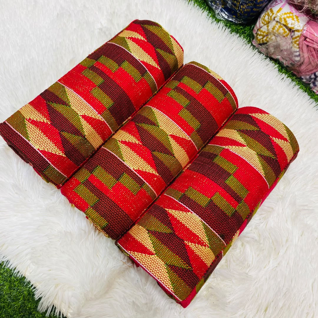 6 Yards Brown, Olive Green, Wine kente Fabric For Women - Multico