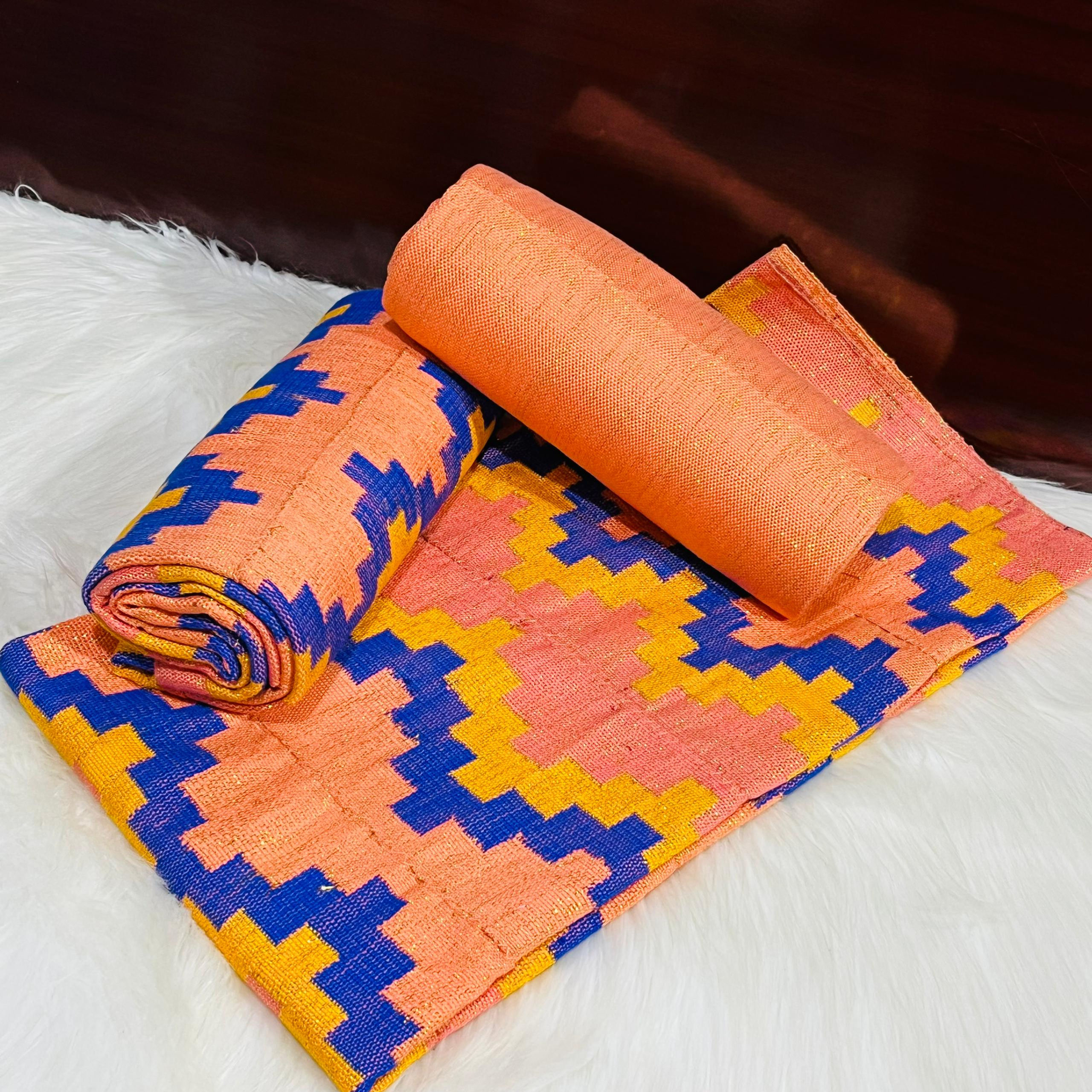 6 Yards Peach, Gold And Blue Women kente Fabric