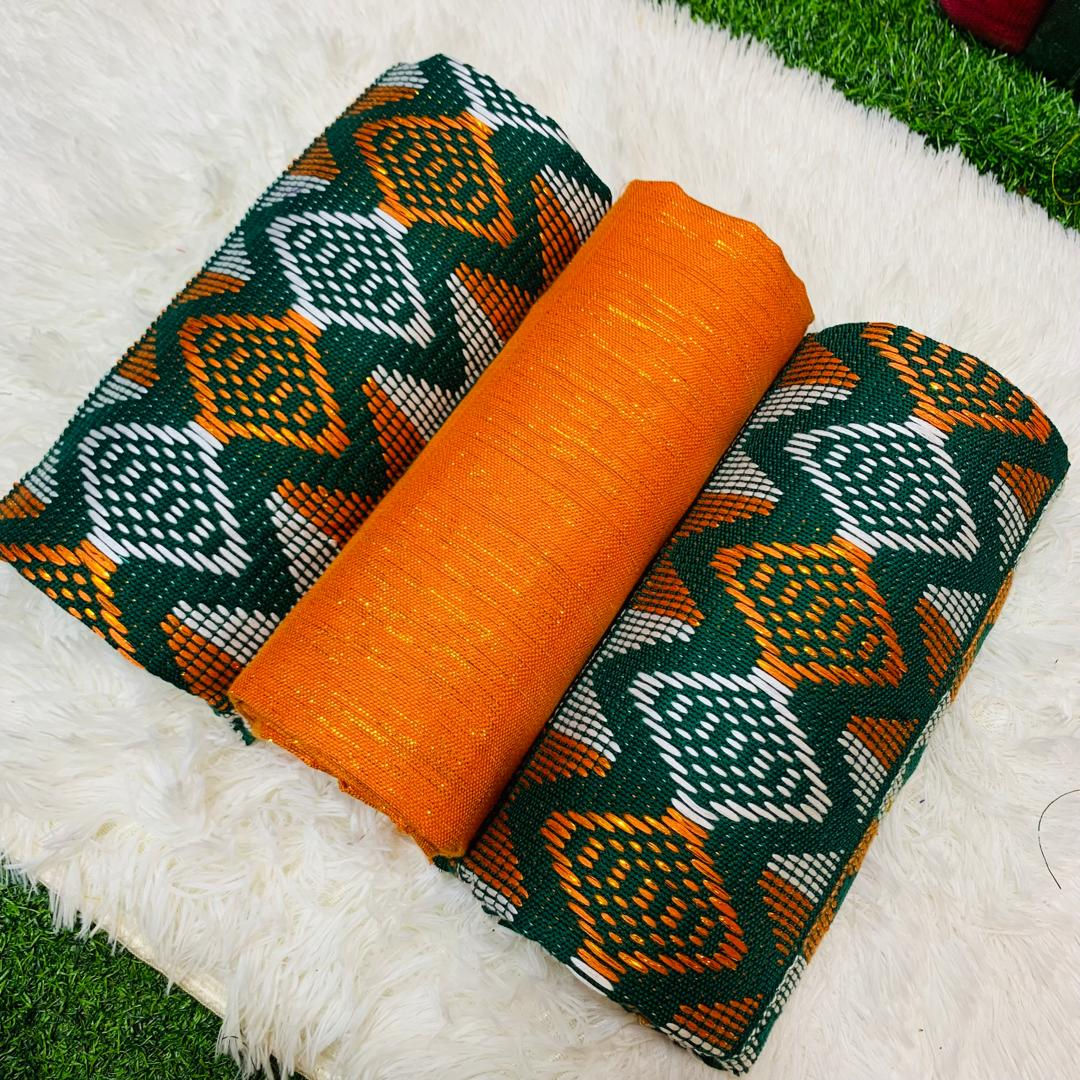6 Yards Green kente Fabric For Women- Multicolored