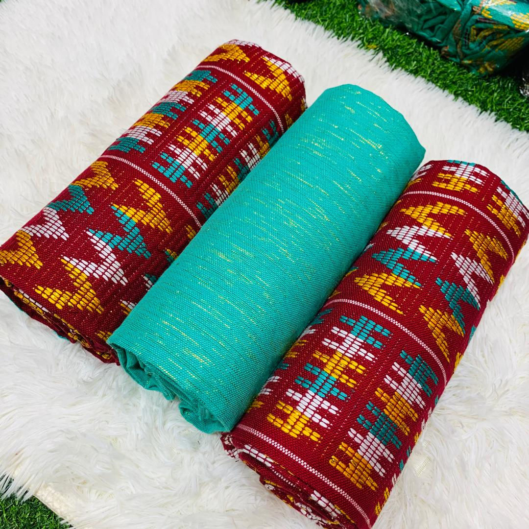 6 Yards Turquoise Green, Wine And Gold Women kente Fabric