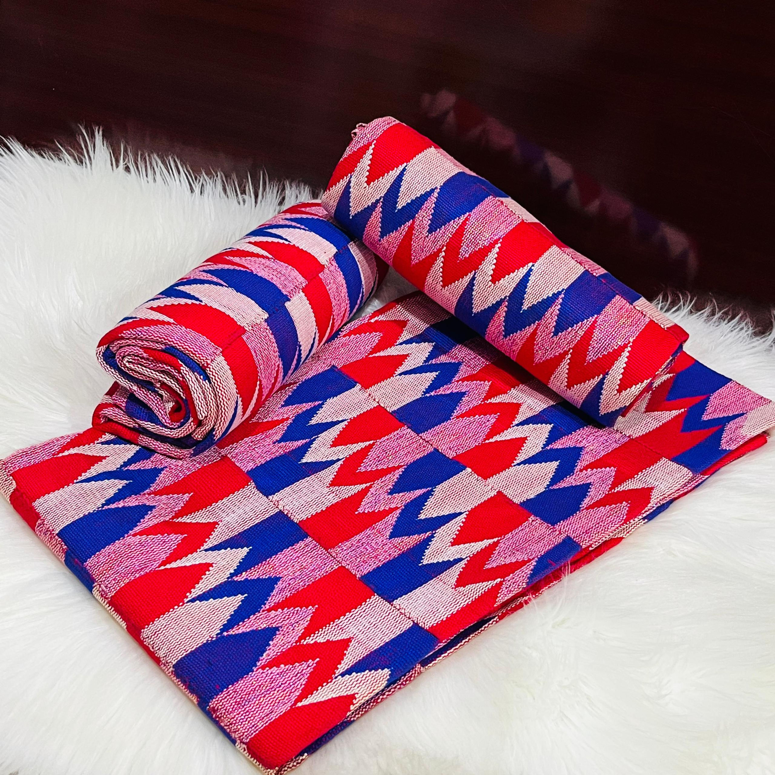 6 Yards Wine, Blue, White kente Fabric - For Women