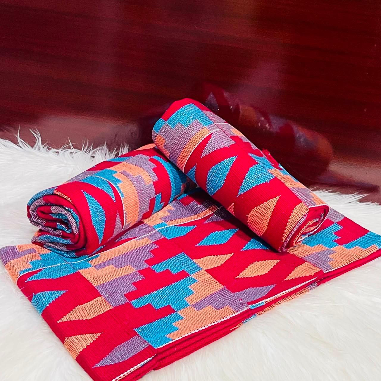 6 Yards Wine, Blue And Peach kente Fabric For Women