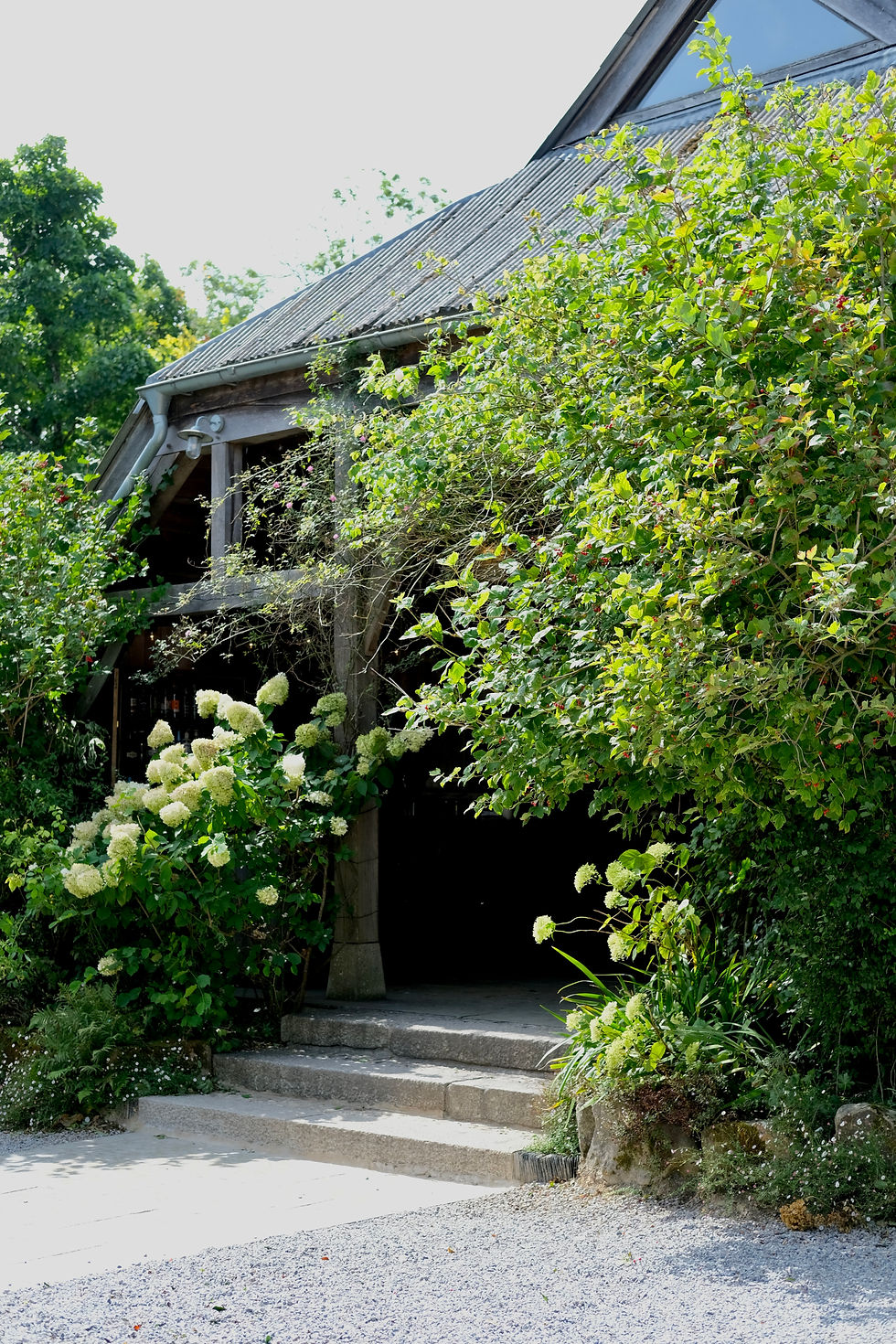 The restaurant entrance at Nancarrow Farm is lined with bright green plants and trees that wrap around large timber framing