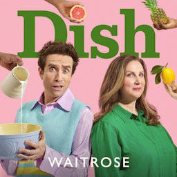 Nick Grimshaw and Angela Hartnett are pictures against a pink backdrop with the title of their podcast, Dish, featured behind them.