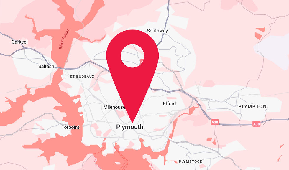 A flat graphic depicts a map of plymouth with one giant pin identifying the city