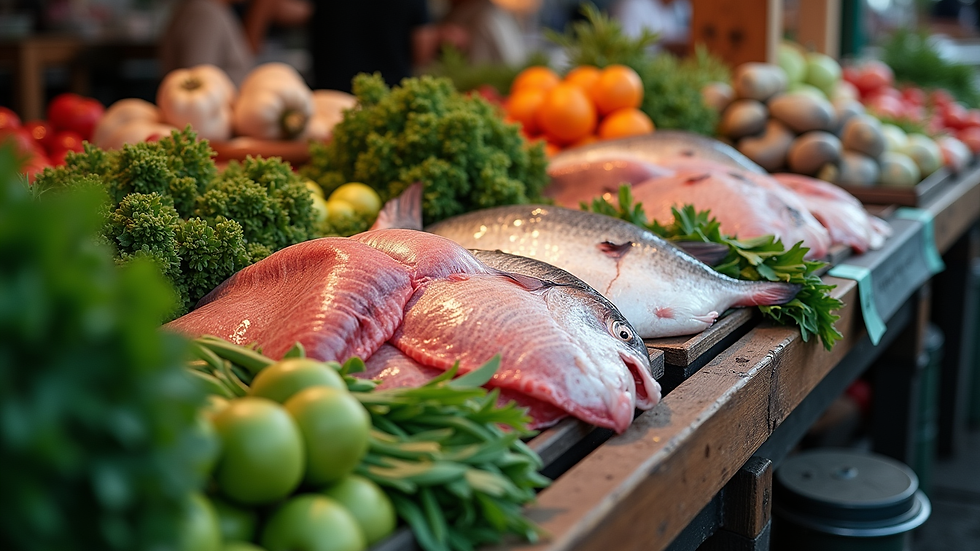 high angle view of fresh fish and vegetables at a local market