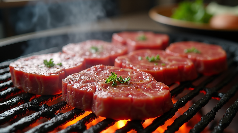 Close-up view of sizzling stone-grilled Ishigaki beef on a barbecue grill