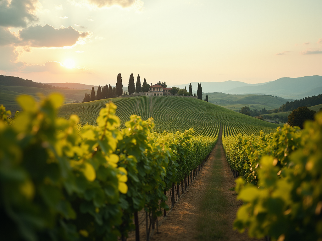 Vast green vineyards and wine tasting in the beautiful nature of Chianti Tuscany.