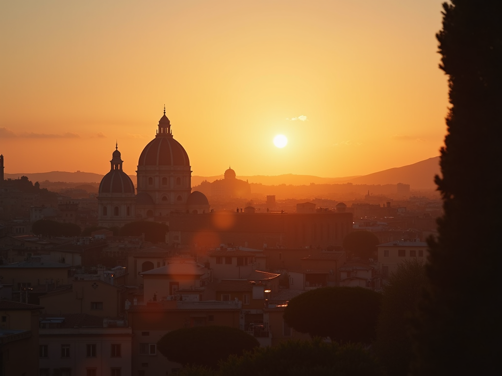 Vibrant sunset over the ancient city of Rome showcasing a travel adventure.