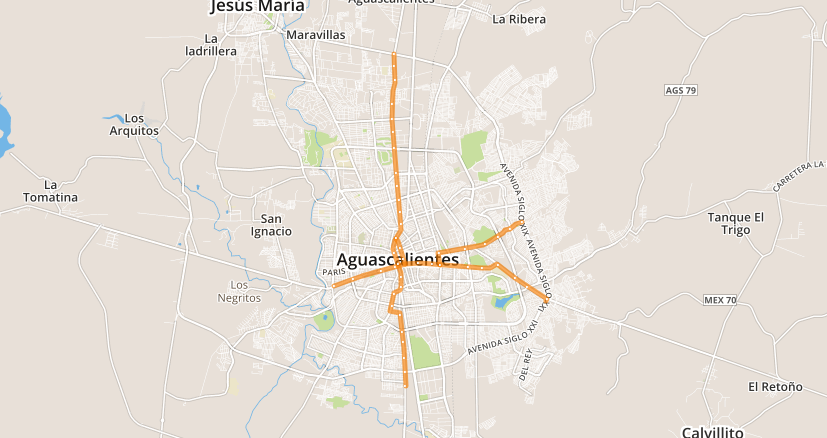 Mapa de transporte público de la ciudad de Aguascalientes