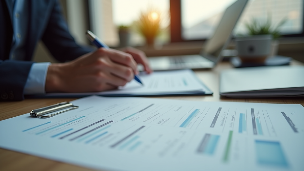 Eye-level view of a person reviewing financial documents at a desk