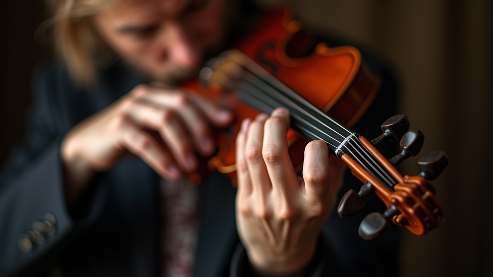 close-up view of a musician tuning a violin before performance