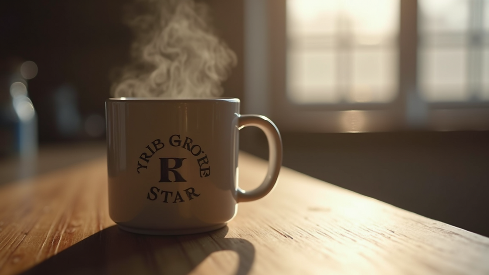 Eye-level view of an engraved ceramic coffee mug on a wooden surface