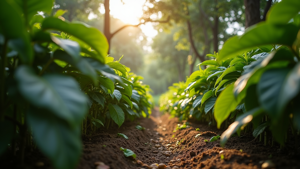 Eye-level view of coffee plants growing under shade trees
