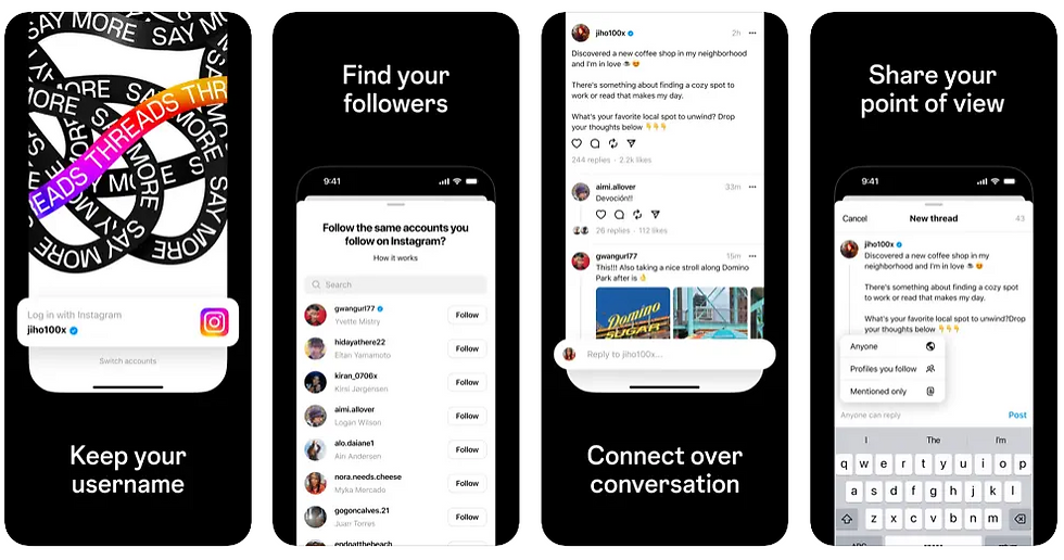Iphone screens of the new Instagram App "Threads"