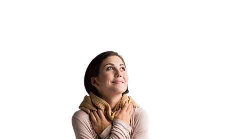 Woman wearing a scarf looking upward and smiling