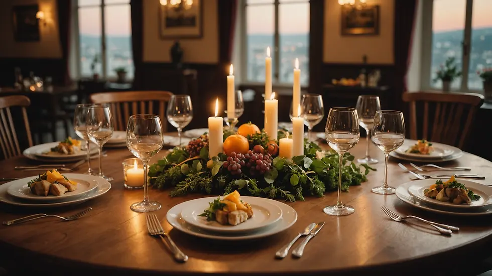 Eye-level view of a beautifully set dinner table, emphasizing ambiance and warmth