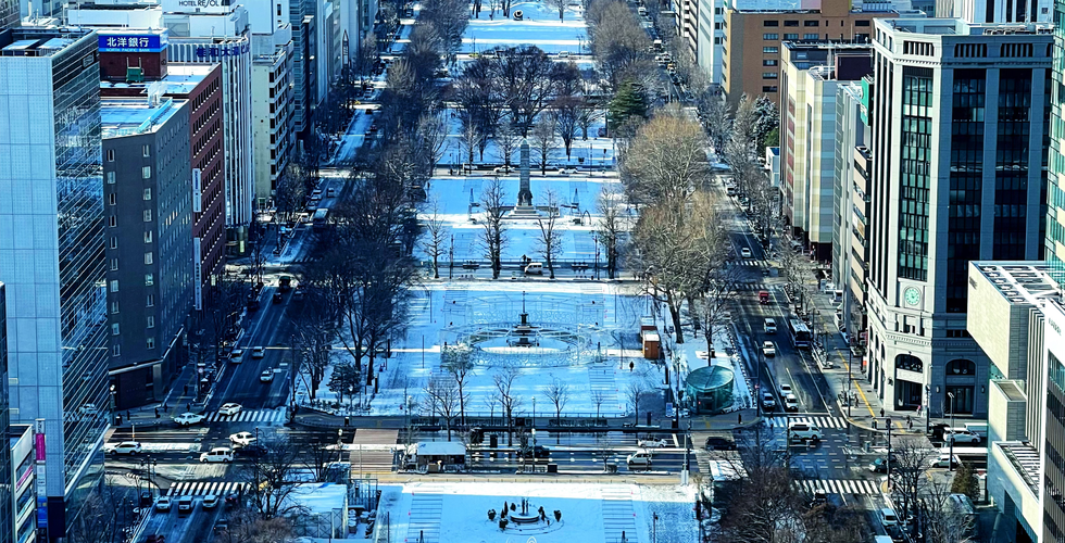 Odori Park at daytime. Odori Park view from Sapporo Tower at daytime