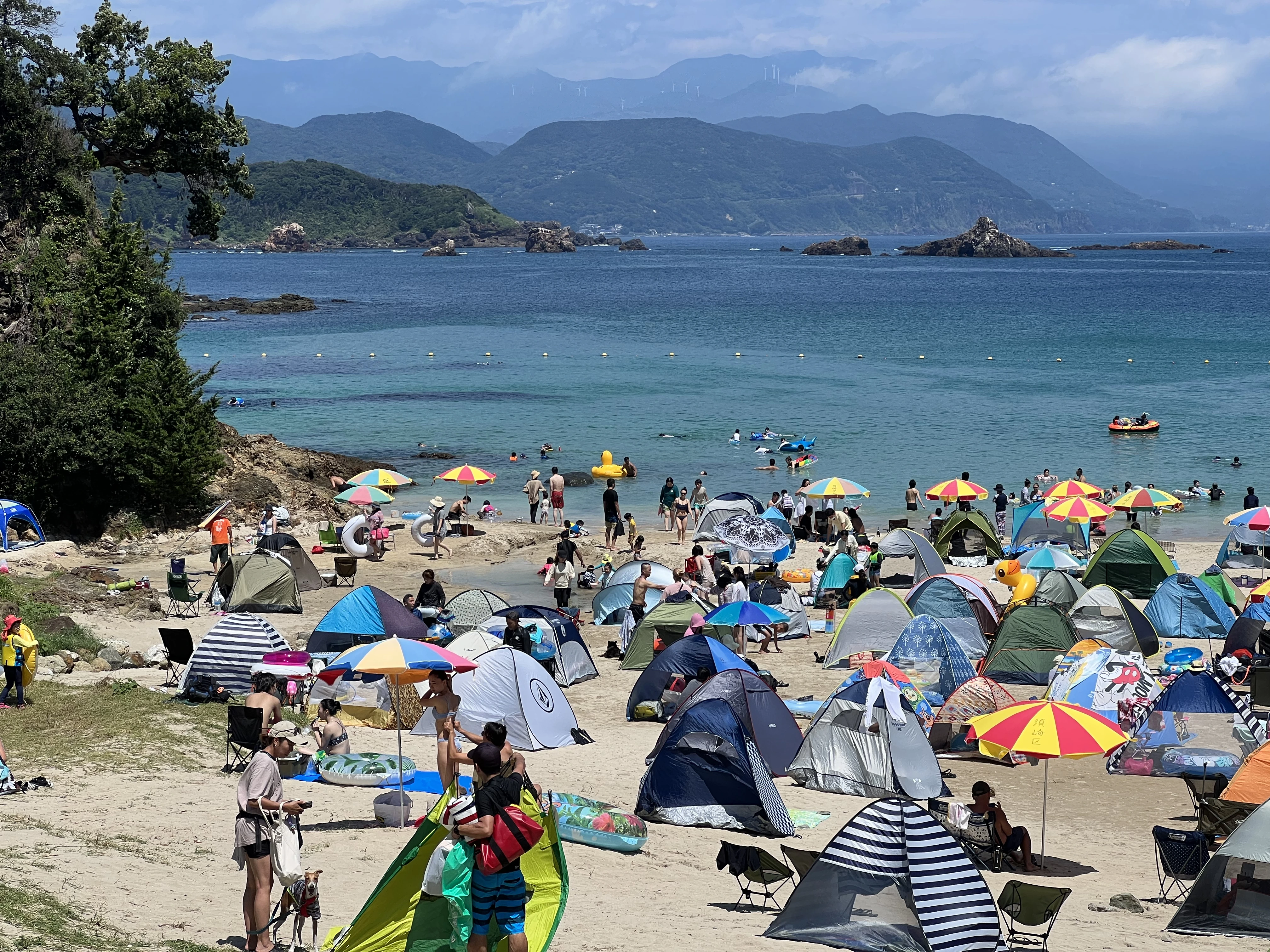 Crowded summer beach in Japan during peak season.